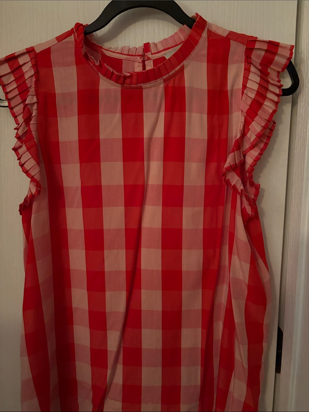 LOFT Red and Cream Gingham Ruffle Sleeve Top